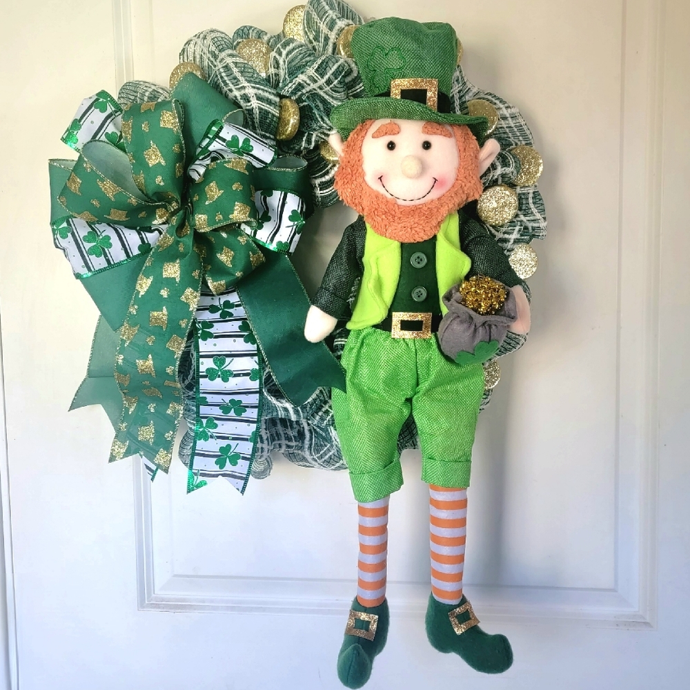 St Patricks Day Leprechaun Wreath Deco Mesh Bow Pot of Gold - Picture 8 of 8